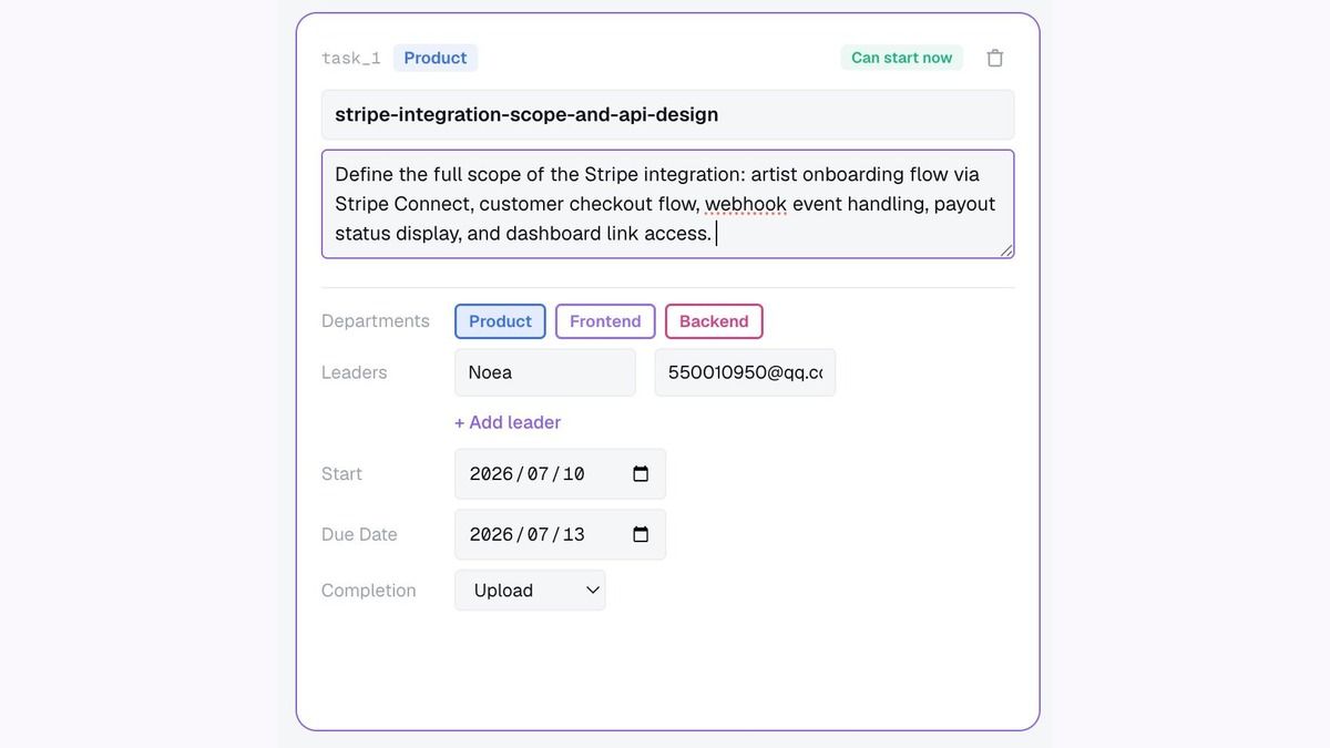 Task detail card with editable title, description, departments, leaders, and dates before plan confirmation