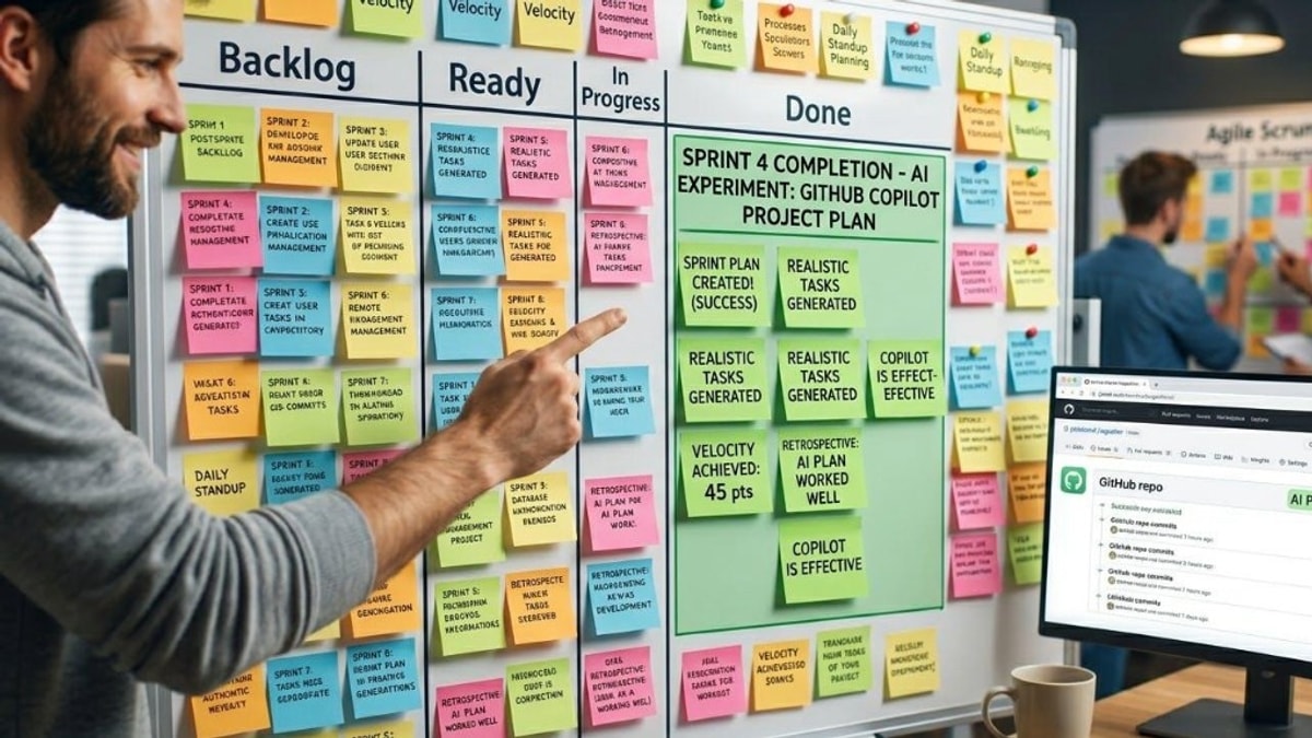 Engineer pointing at a sprint board covered in sticky notes, with Backlog, Ready, In Progress, and Done columns visible