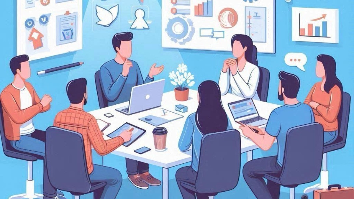 Illustrated team meeting around a table with laptops and charts on the wall, six people collaborating in a modern office